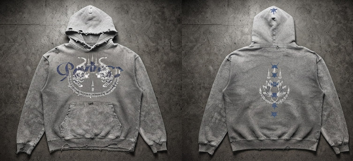 Sak Yant Hoodie, Ash Grey – Indigo, front and back