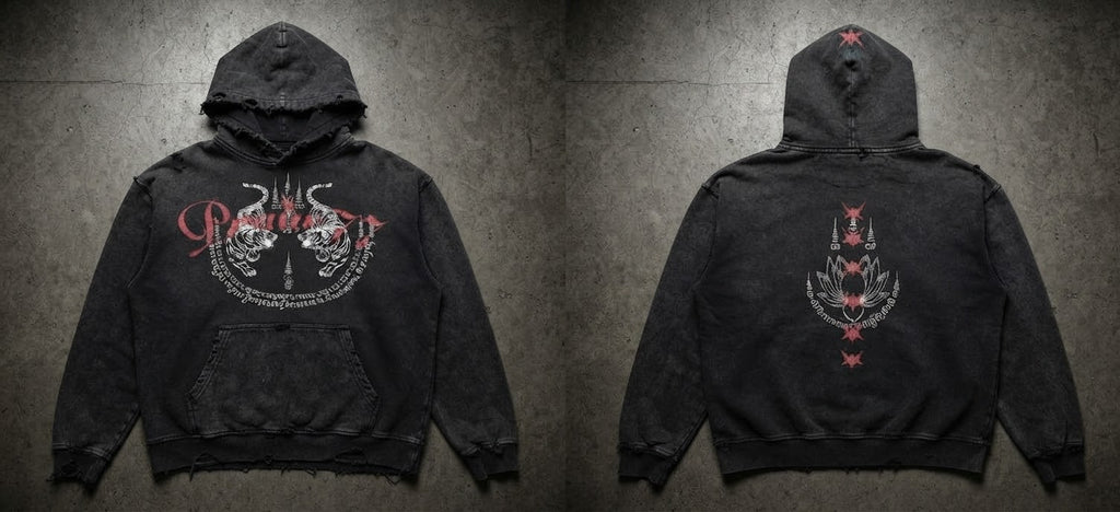 Sak Yant Hoodie, Washed Black – Blood, front and back