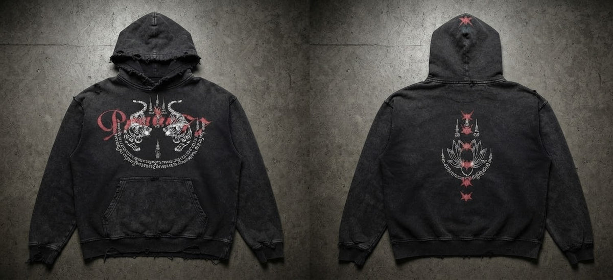 Sak Yant Hoodie, Washed Black – Blood, front and back