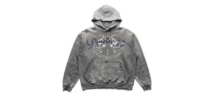 Sak Yant Hoodie, Ash Grey – Indigo, front