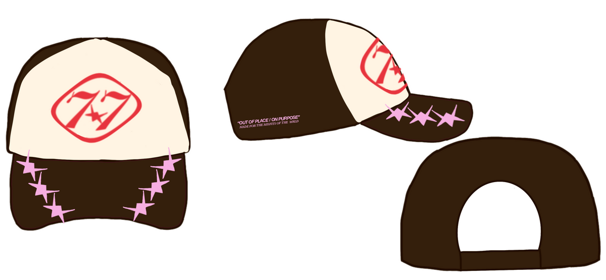 77 Emblem Cap, Mocha – Rose: front, side and back views with red 77 badge and pink brim stars
