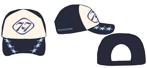 77 Emblem Cap, Navy – Sky: front, side and back views with navy 77 badge and light blue brim stars